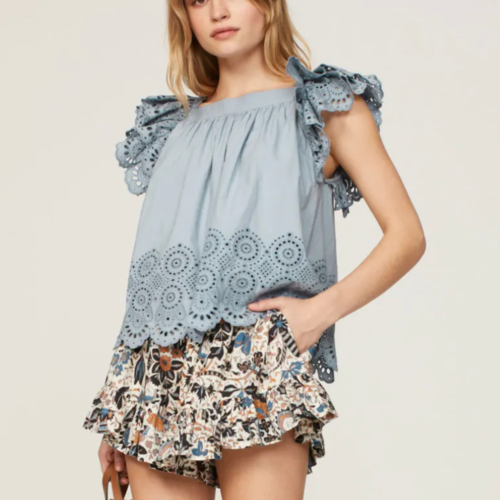 Ulla Johnson Blue Babydoll Top SIZE 4 Cottage Boho Cotton Ruffle Eyelet $370